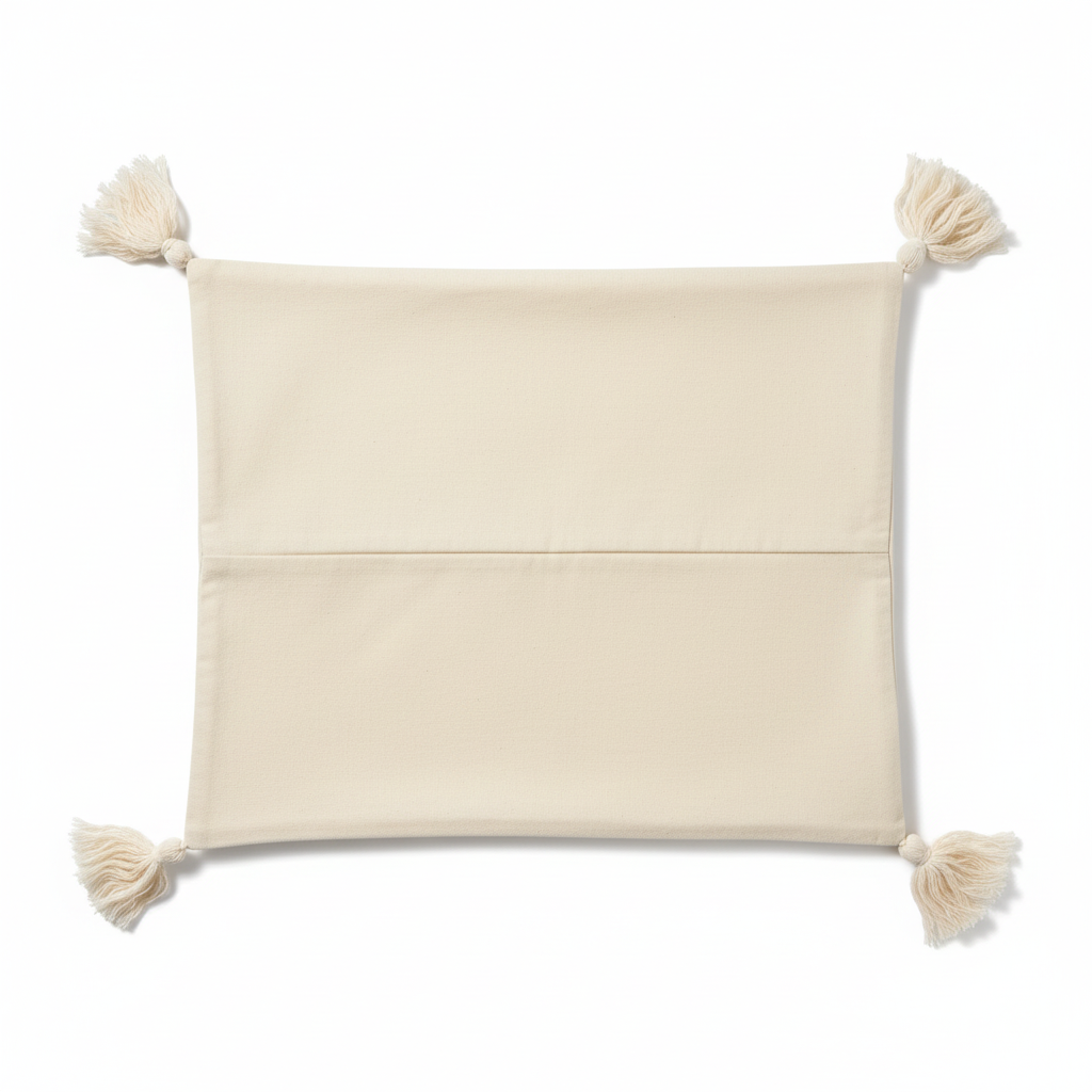 Back of handwoven stripe cushion cover on white background with white tassels