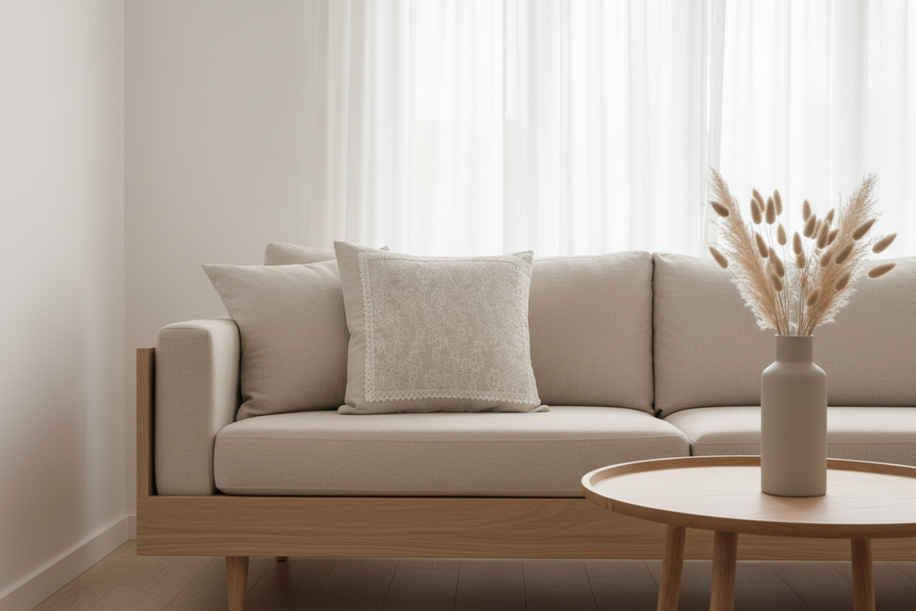 Cotton-linen paisley cushion cover styled on Nordic linen sofa with pampas grass