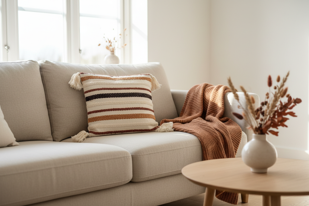 Handwoven stripe tassel cushion cover on Nordic linen sofa with autumn botanicals