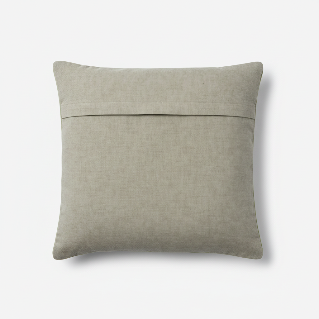 Back of cotton-linen cushion cover on white background showing envelope closure