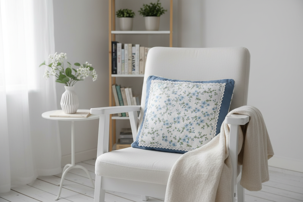 Blue floral cushion cover in Scandinavian reading nook with white painted armchair