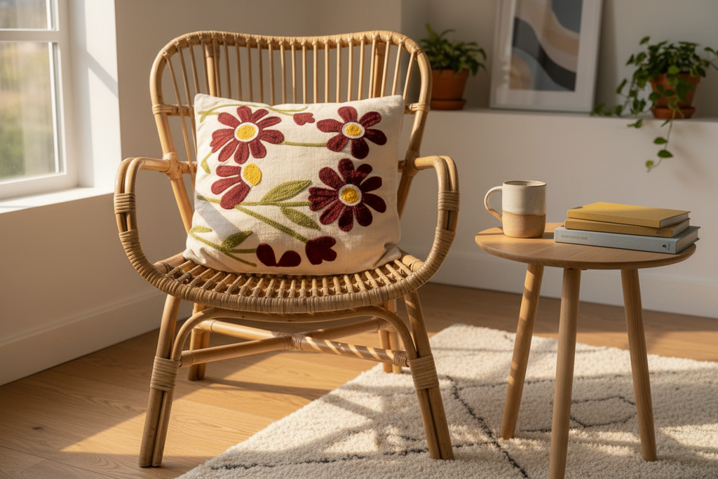 Daisy embroidered cushion cover in Scandinavian reading nook with rattan armchair