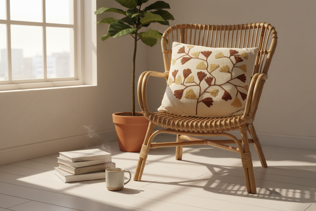 Ginkgo leaf cushion cover in Scandinavian reading nook with rattan armchair
