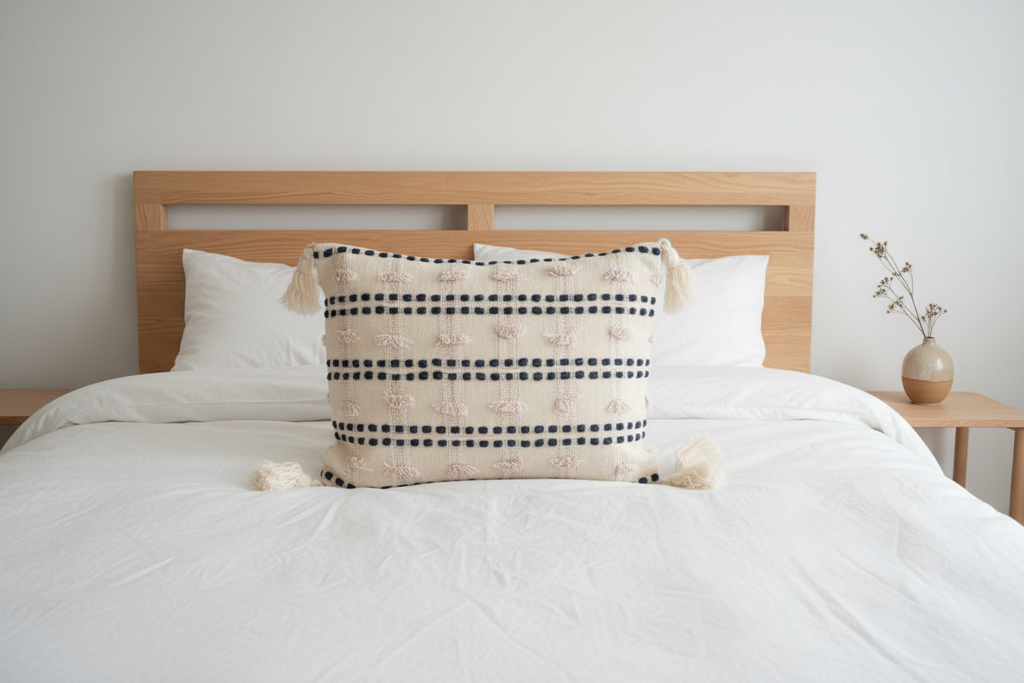 Indigo stripe botanical cushion cover on white linen bed in Scandinavian bedroom