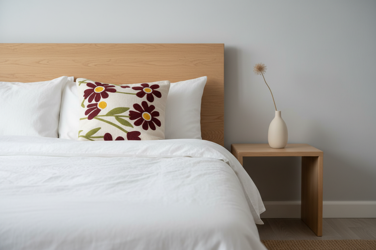 Daisy embroidered cushion cover on white linen bed in Scandinavian bedroom