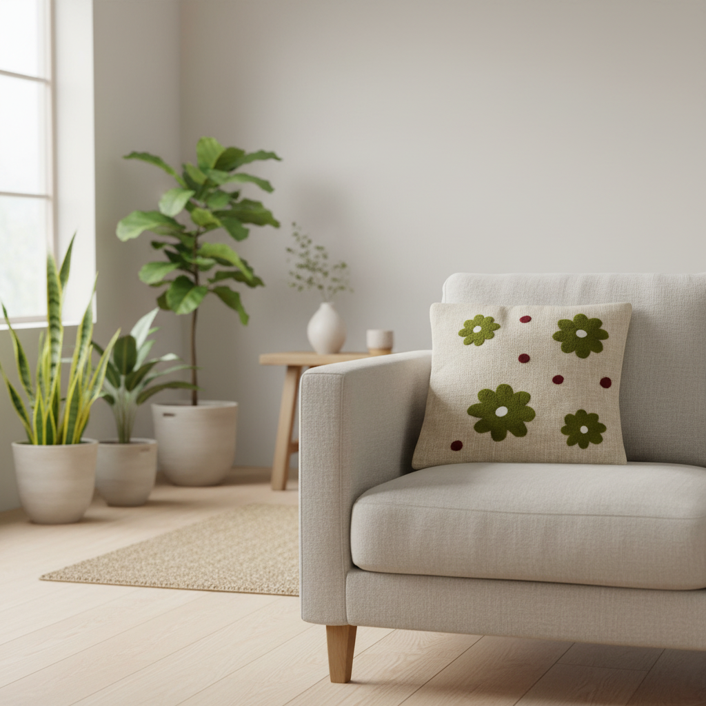 Olive daisy cushion cover styled on a Scandinavian linen sofa
