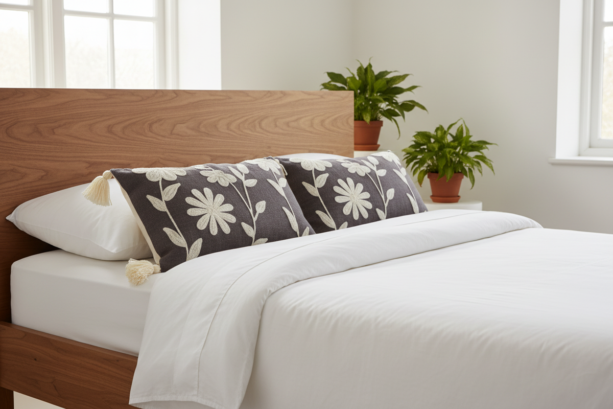 Two charcoal floral lumbar cushions styled on a Scandinavian bedroom bed