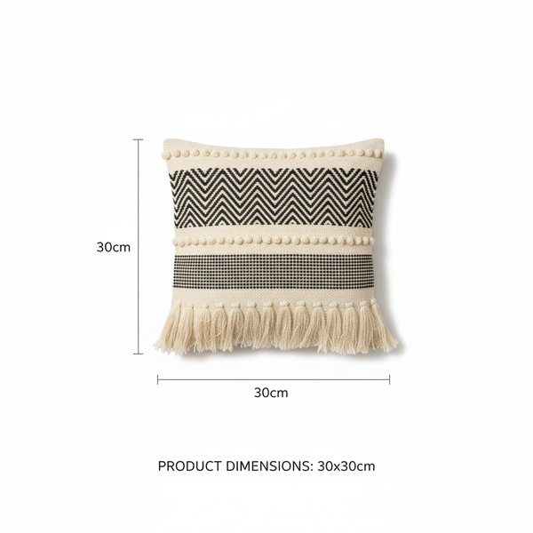 Ivory black chevron zigzag fringe cushion cover dimension infographic 30x30cm