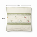 Floral embroidered cushion cover with dimension overlay showing 40x40cm (16x16 inch)