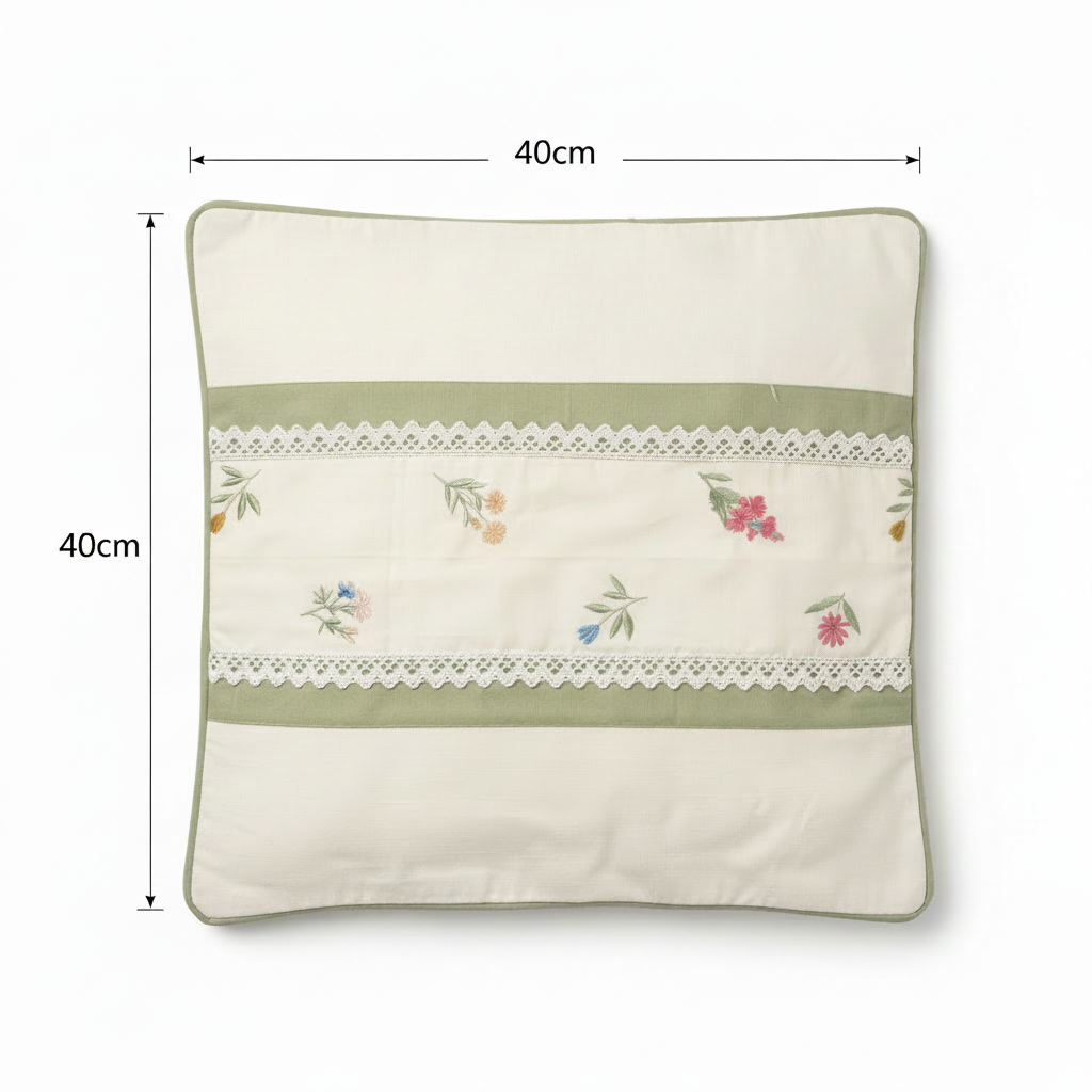 Floral embroidered cushion cover with dimension overlay showing 40x40cm (16x16 inch)