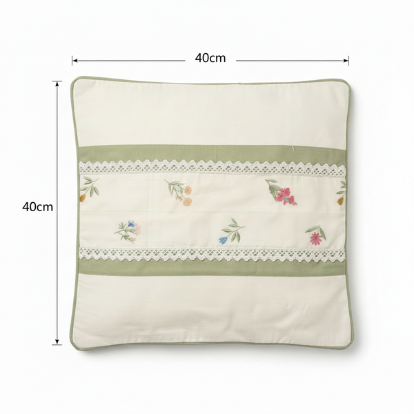 Floral embroidered cushion cover with dimension overlay showing 40x40cm (16x16 inch)