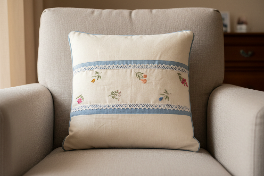 Cushion cover hero close-up on linen armchair
