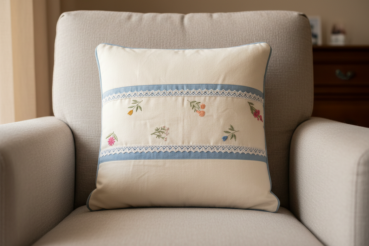 Cushion cover hero close-up on linen armchair