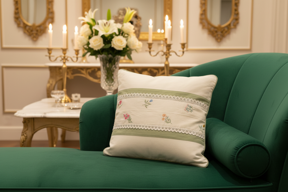 Sage green floral embroidered cushion cover styled in a luxury opulent interior
