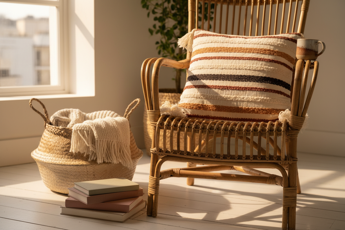 Handwoven stripe tassel cushion cover in Scandinavian reading nook with rattan armchair