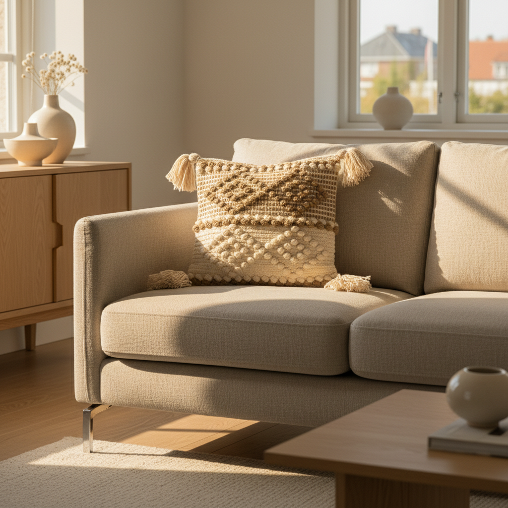 Sand taupe ivory diamond medallion cushion cover styled on a Scandinavian living room sofa