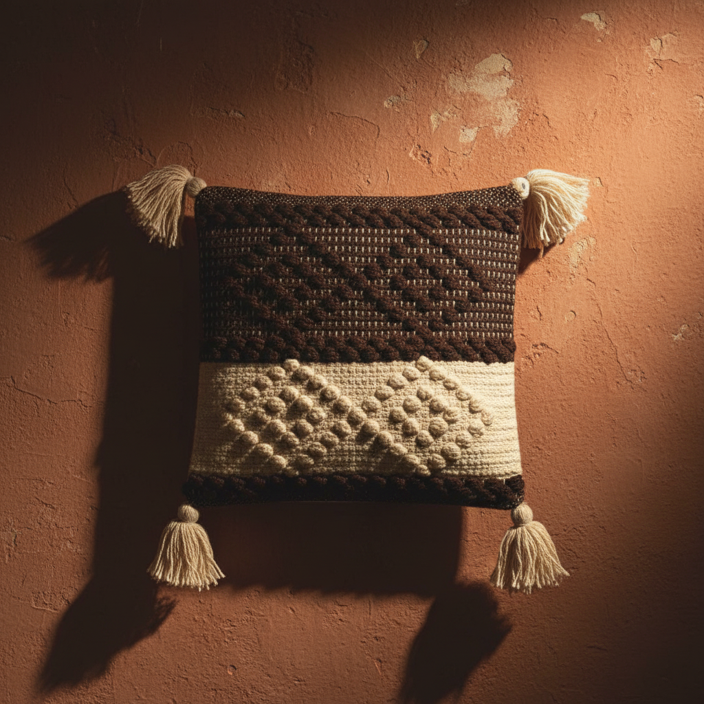 Dark chocolate and cream bobble weave cushion cover against warm terracotta wall, artisan beauty shot