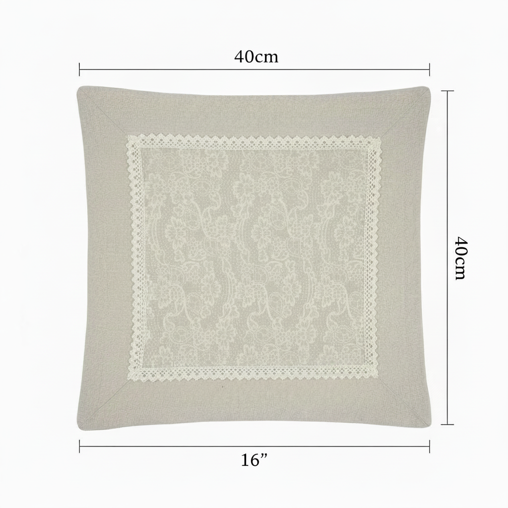 Cotton-linen paisley cushion cover with dimension overlay showing 40x40cm (16x16 inch)