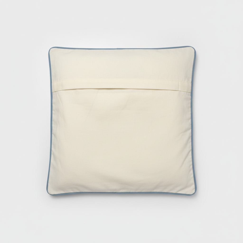 Back of cushion cover showing envelope closure and powder-blue piping on white background