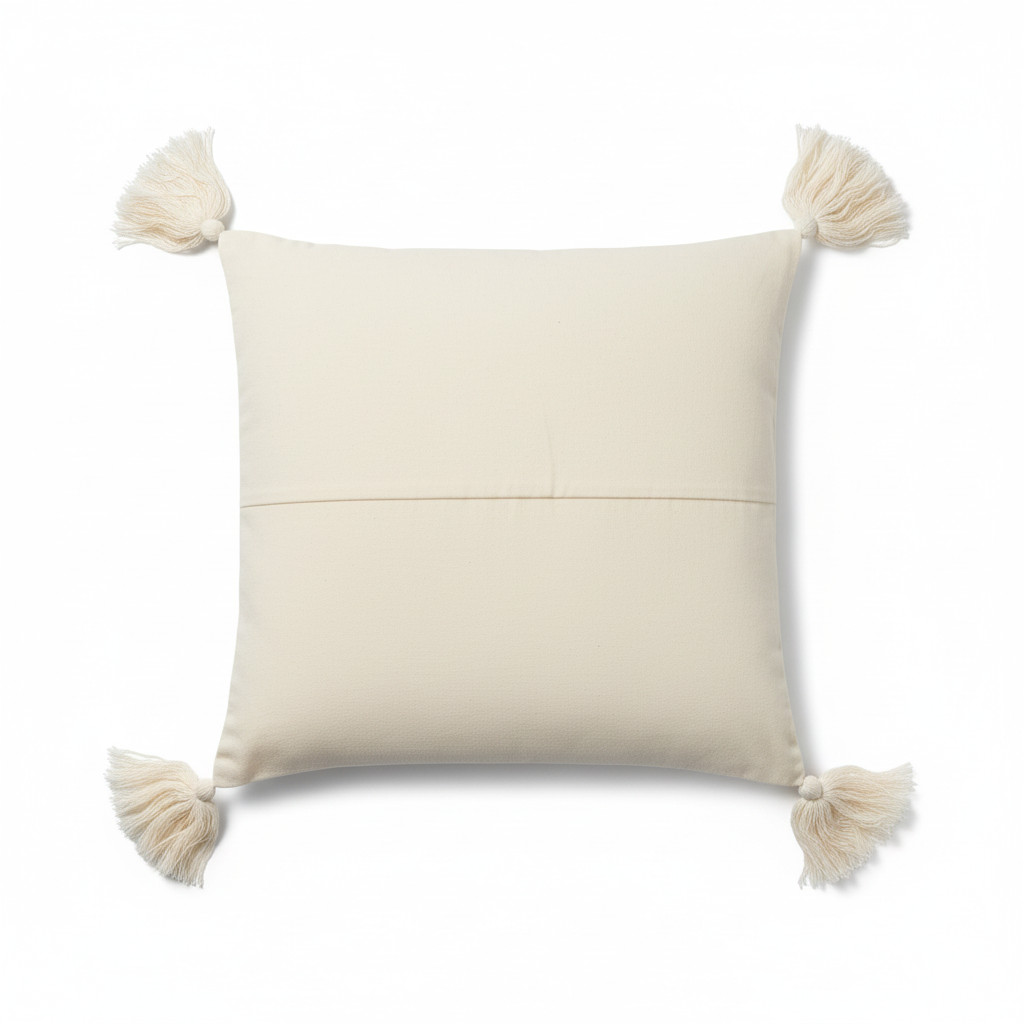 Back of indigo stripe cushion cover on white background with white tassels