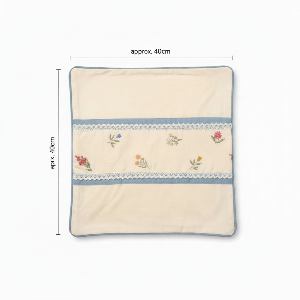 Floral embroidered cushion cover with dimension overlay showing 40x40cm (16x16 inch)