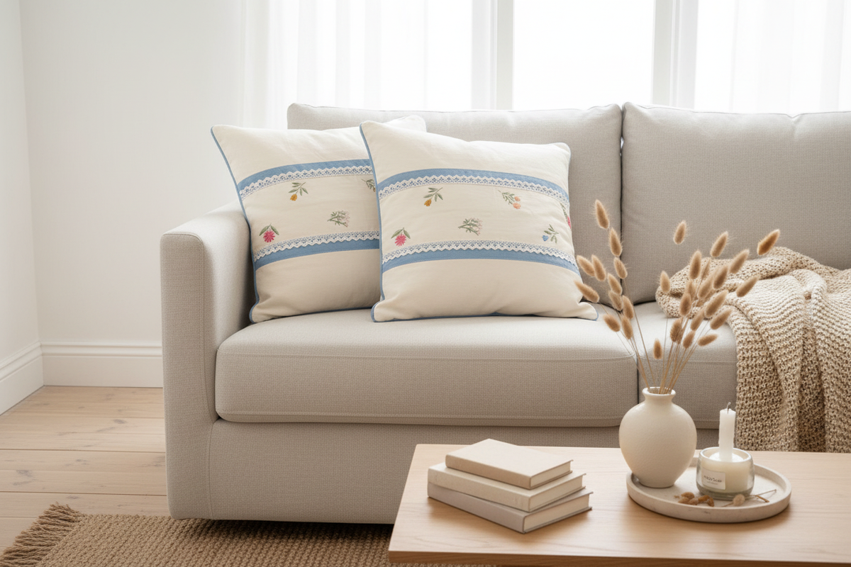 Two cushion covers styled with home decor elements in living room