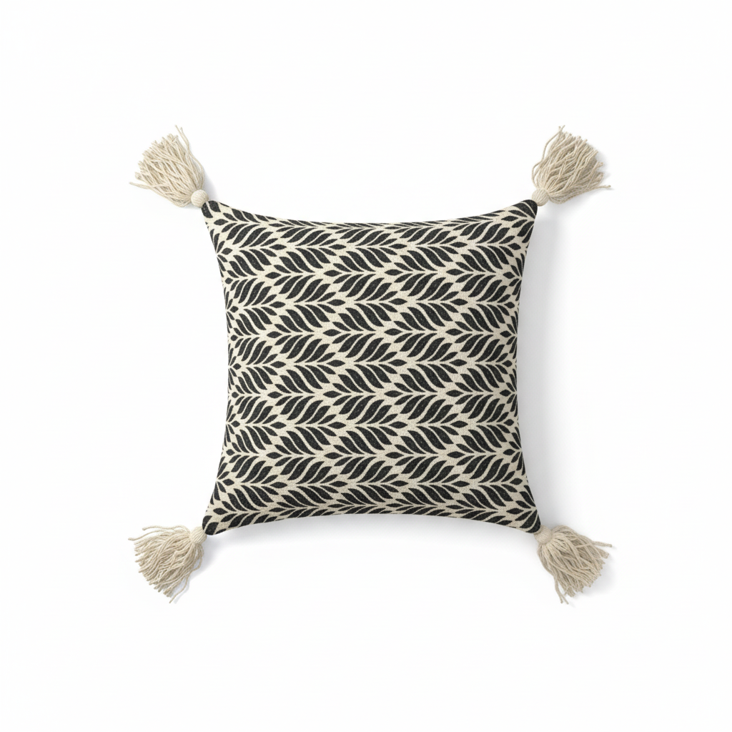 Ivory black geometric chevron square cushion cover with corner tassels — flat lay on white background