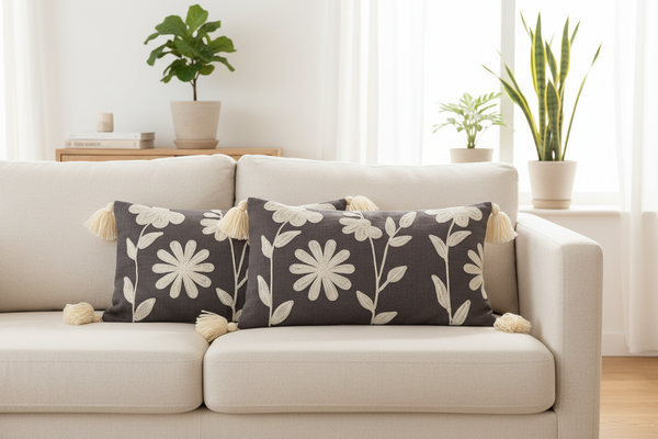 Two charcoal floral lumbar cushion covers styled on a Scandinavian linen sofa — living room