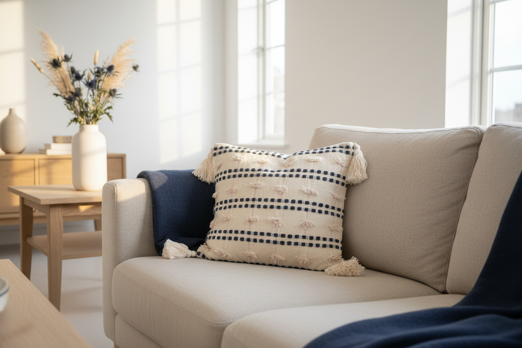 Indigo stripe botanical cushion cover on Nordic linen sofa with dried thistles and navy throw