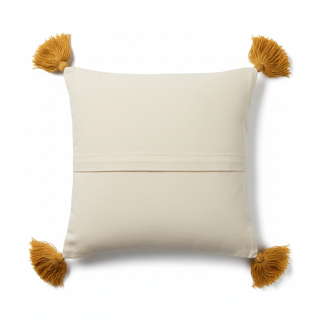 Back of bobble weave tassel cushion cover on white background