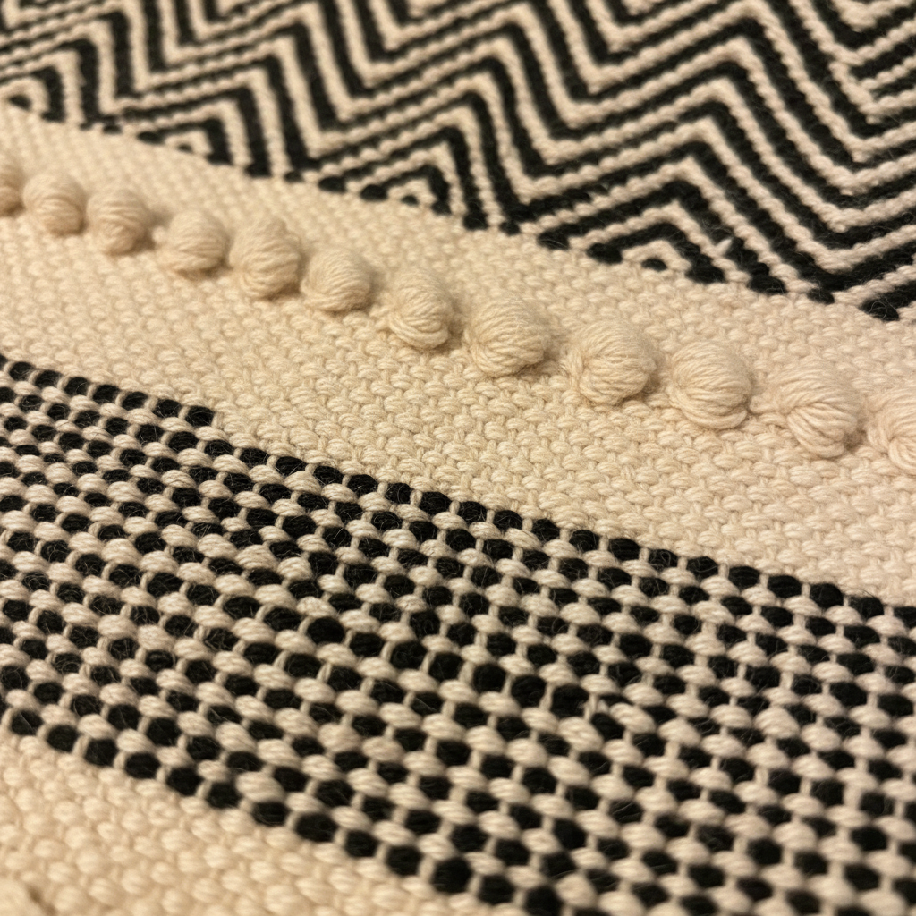Close-up detail of ivory black chevron zigzag weave, micro-weave band, bobble trim and cream fringe