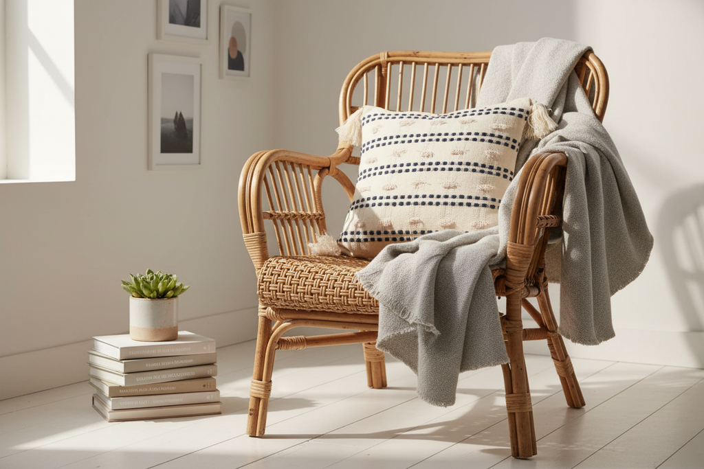 Indigo stripe botanical cushion cover in Scandinavian reading nook with rattan armchair