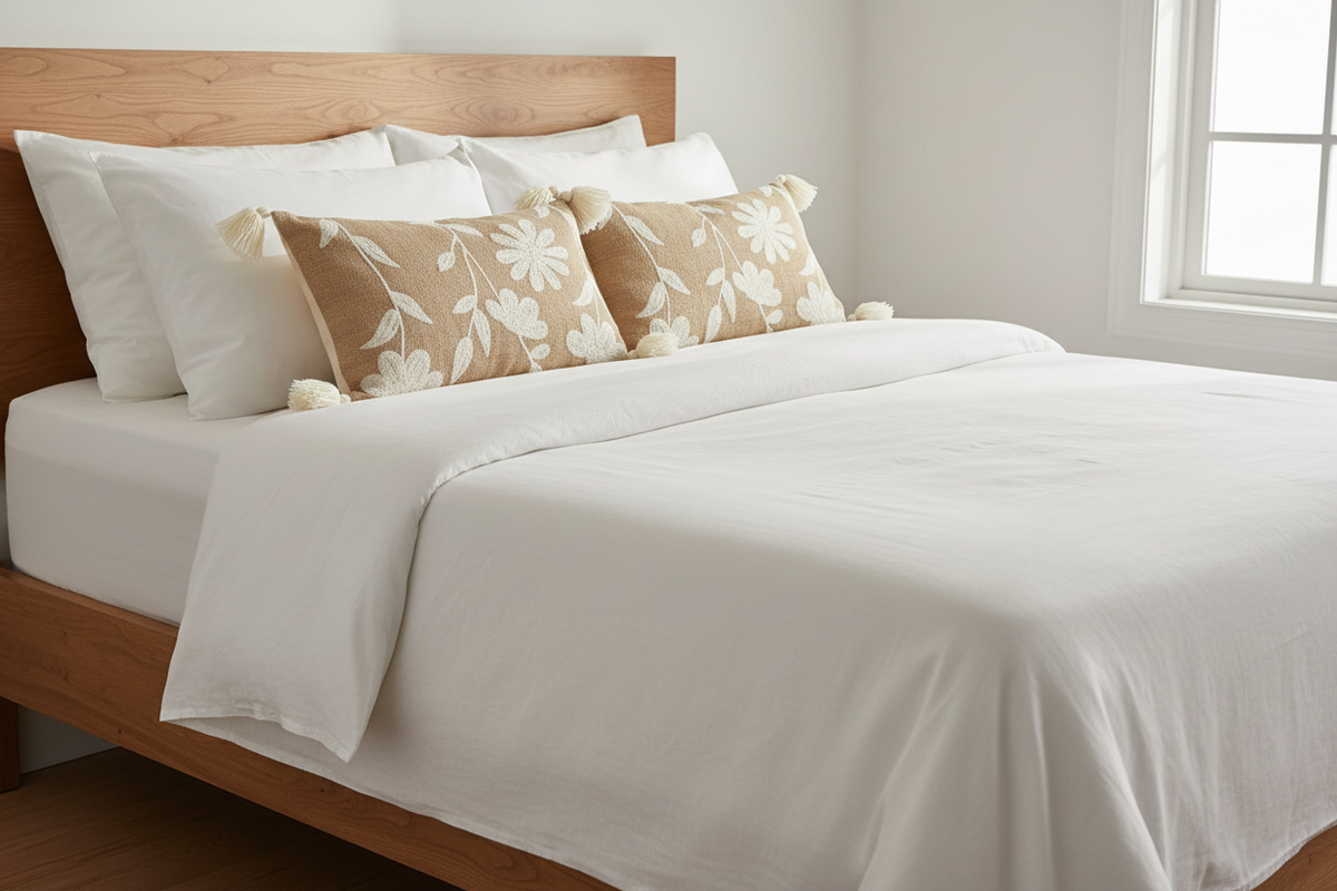 Two sandy beige daisy lumbar cushions styled on a bed — bedroom setting