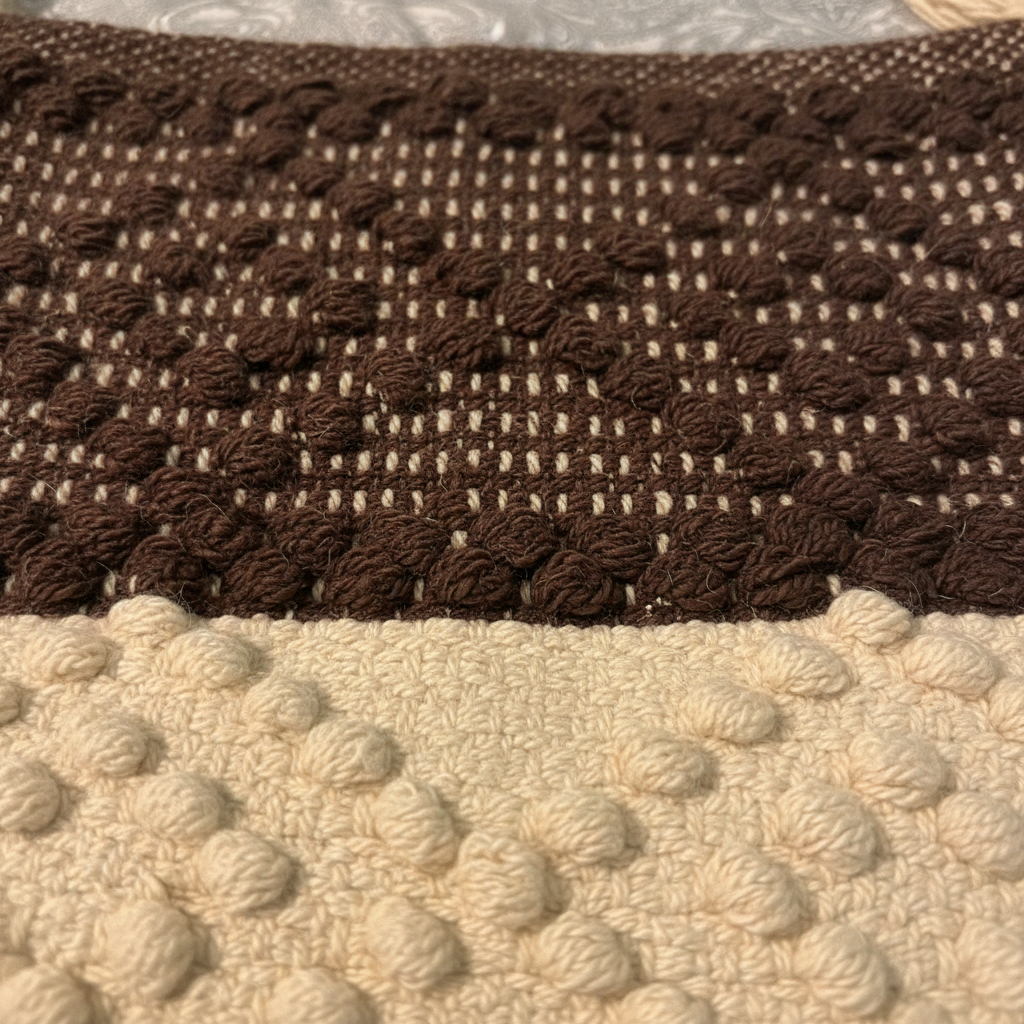 Close-up macro detail of dark chocolate bobble weave and cream ivory loop texture