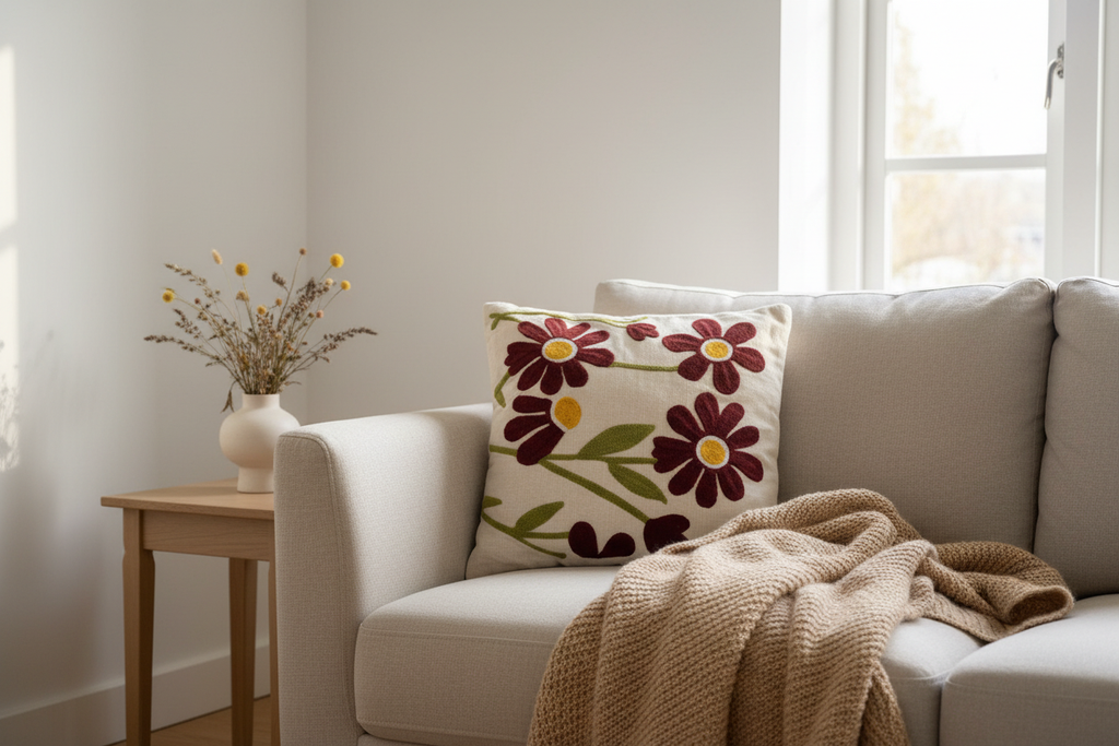 Daisy embroidered cushion cover on Nordic linen sofa with dried wildflowers