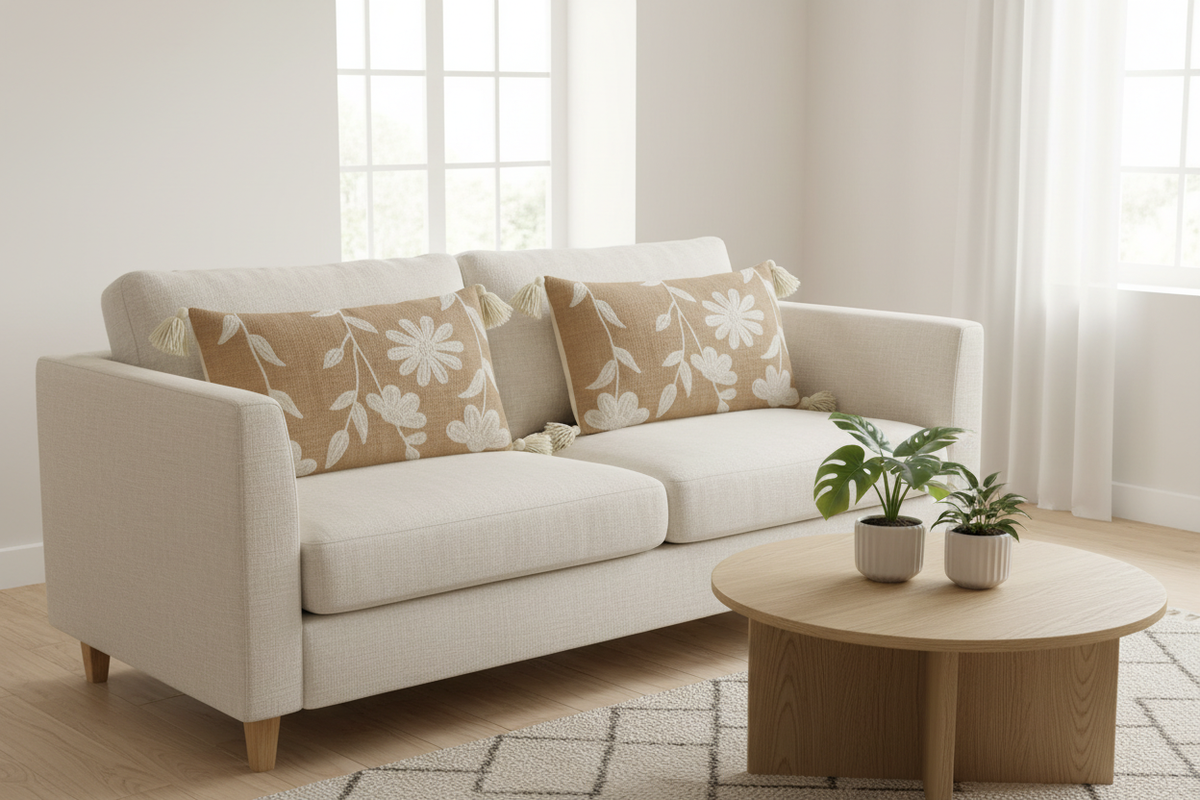 Two sandy beige daisy lumbar cushions styled on a Scandinavian linen sofa — living room