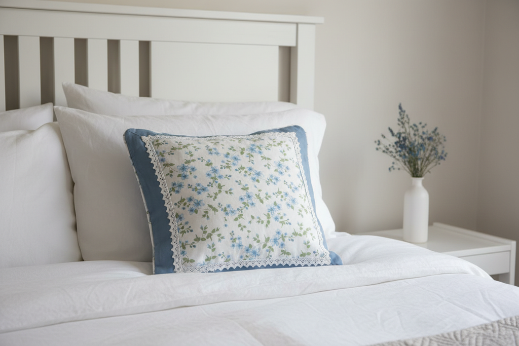 Blue floral cushion cover on white linen bed in Scandinavian bedroom