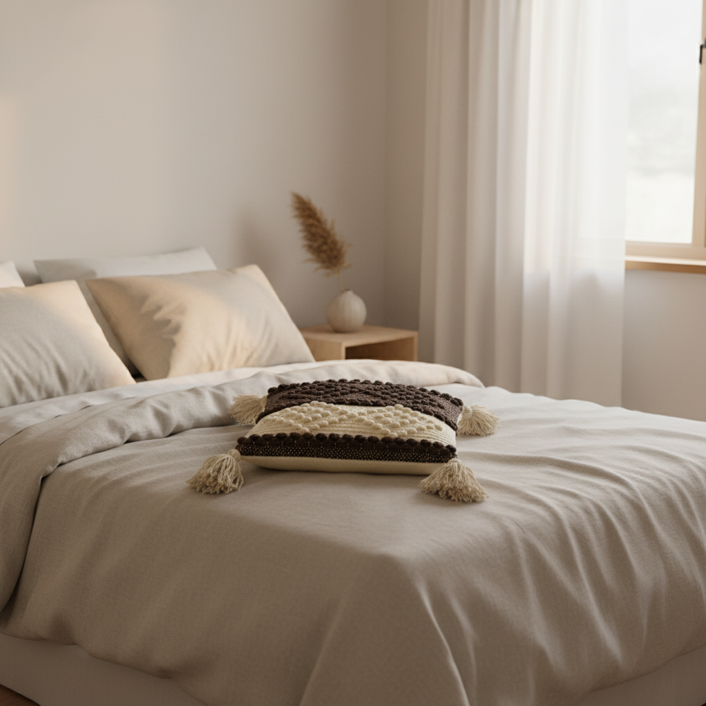 Dark chocolate and cream bobble weave cushion cover on a neutral linen bed in a serene bedroom