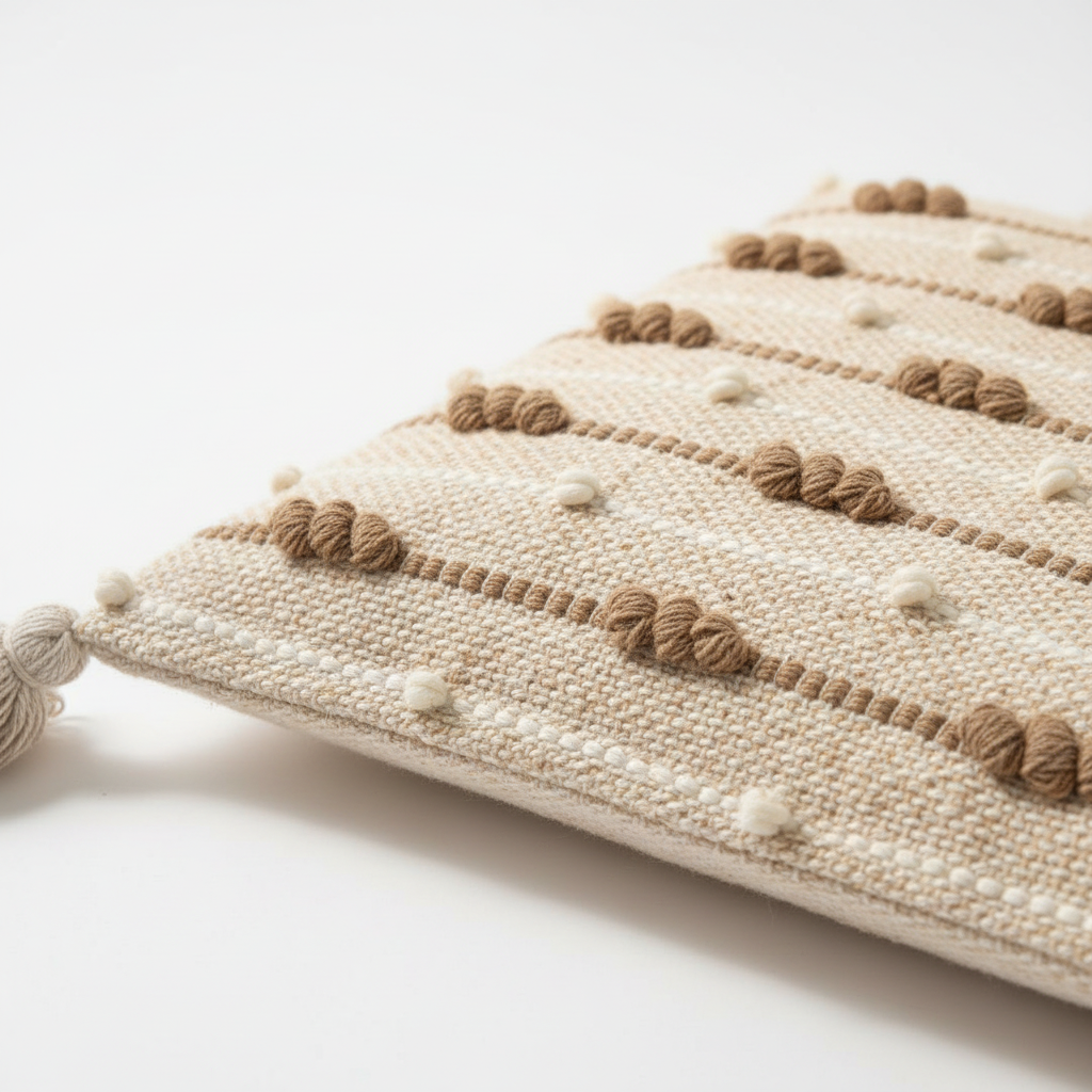 Close-up of handwoven bobble texture and bead detail