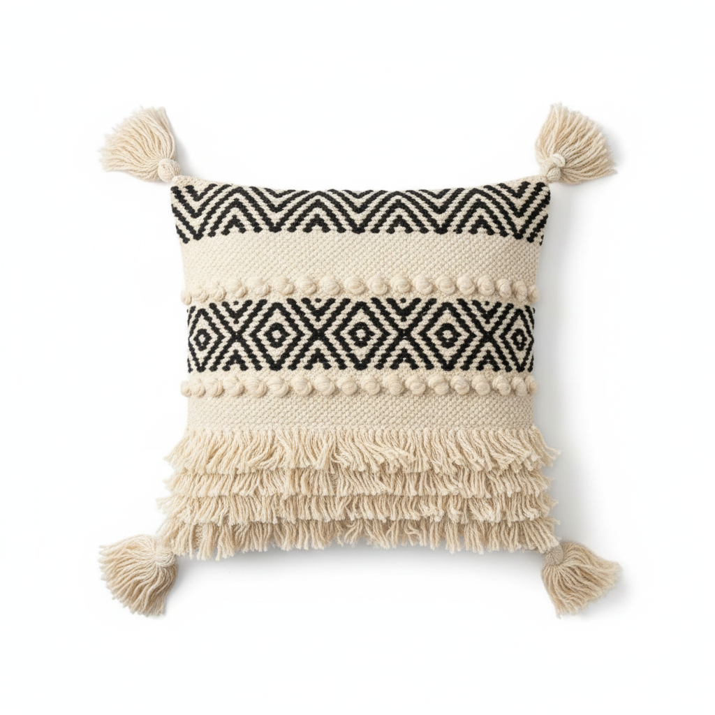 Back side of ivory black geometric chevron fringe cushion cover on white background