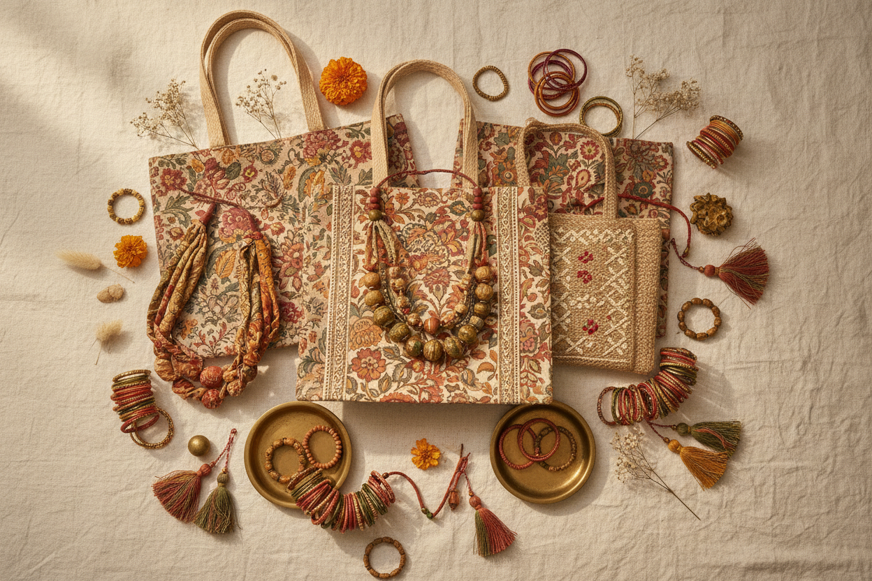 Indian handcrafted accessories flat lay