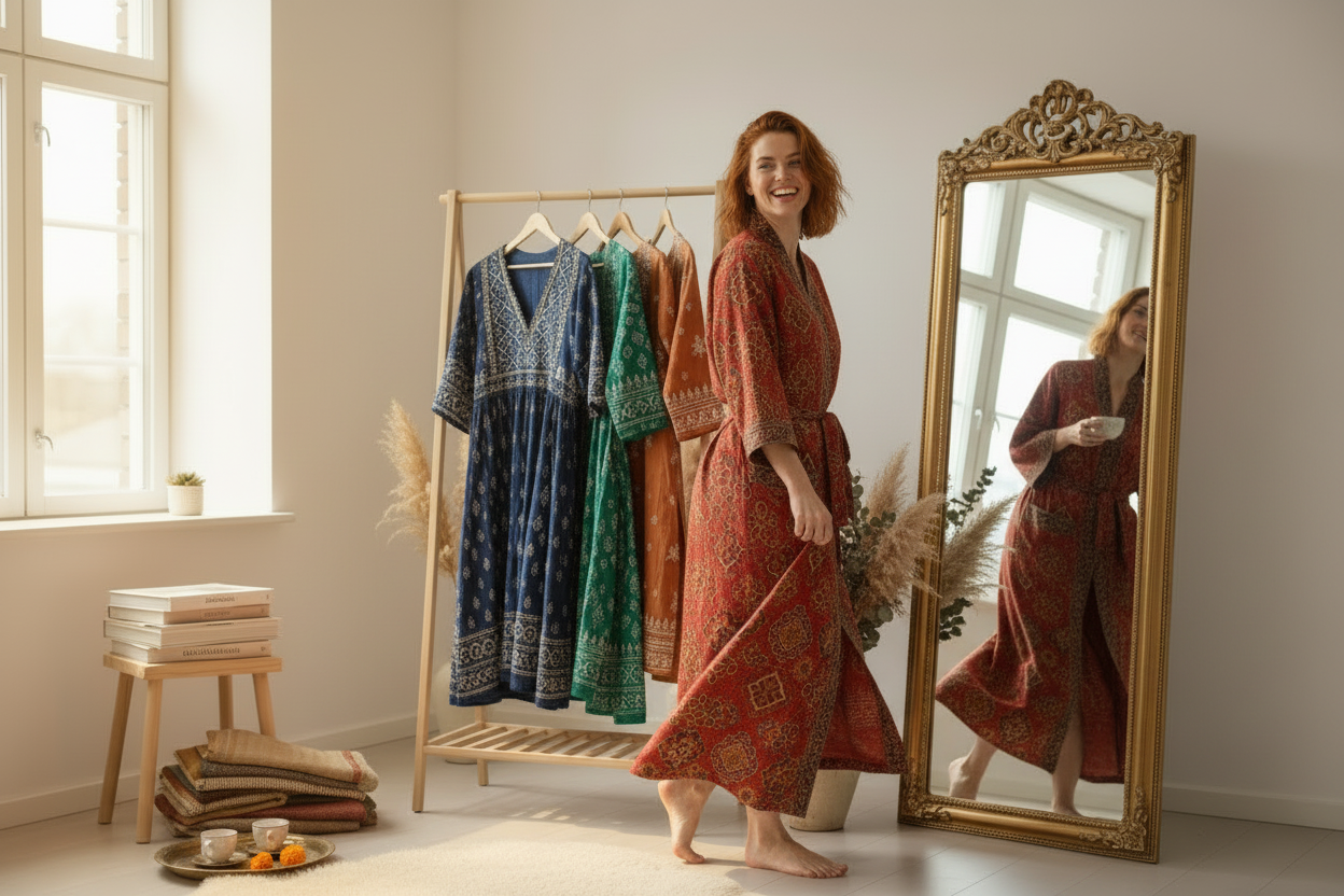 Joyful woman choosing Indian heritage dresses