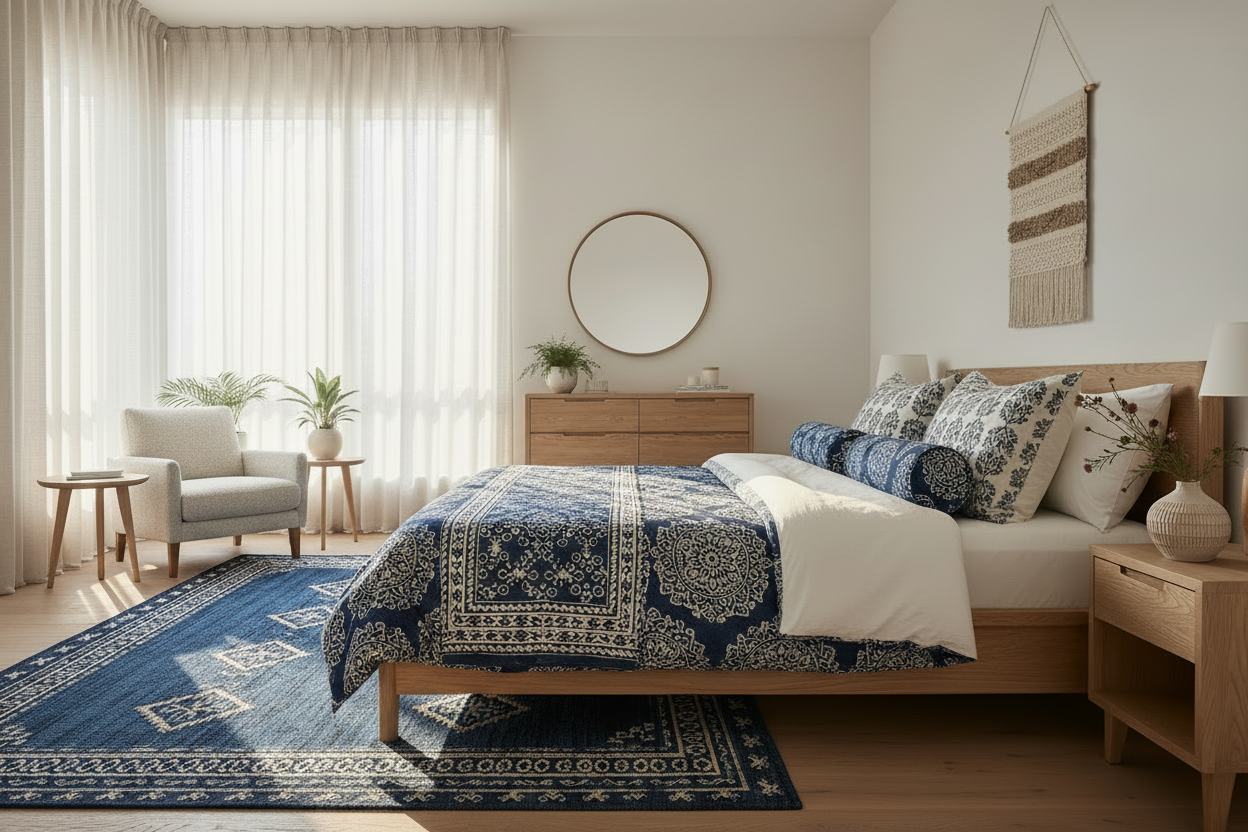 Luxury Bedroom - Paisley Block Print & Indigo Woven Rug