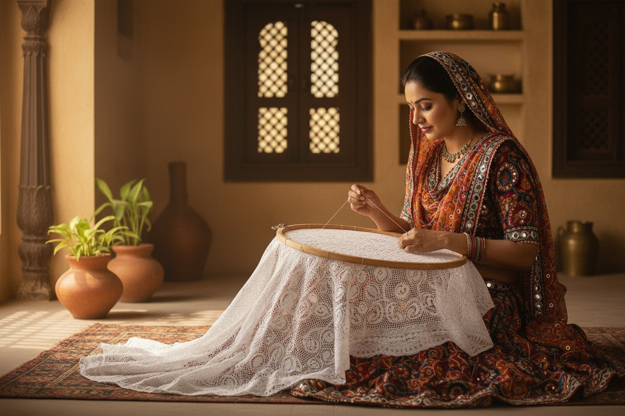 Rajasthani Woman Chikankari — Photorealistic