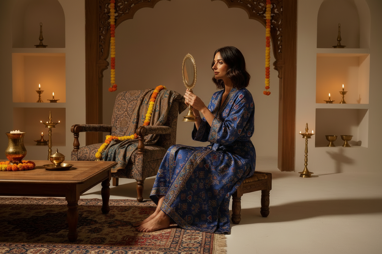 Woman in blue ajrakh bathrobe with Aranmula Kannadi